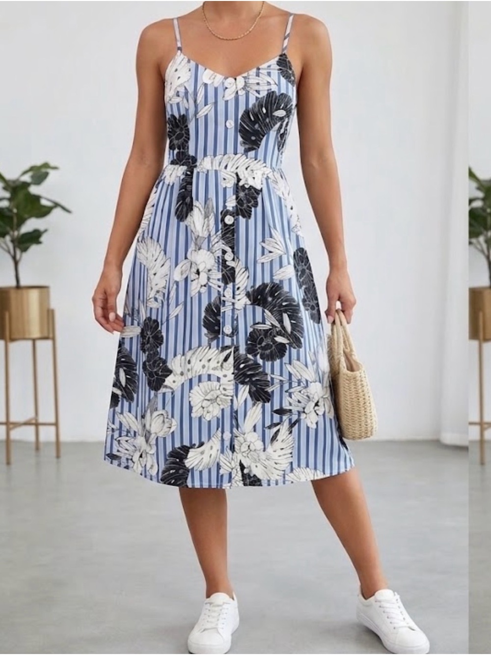 Velvet Heart Striped Blue Floral Sundress - Casual Summer Dress Small